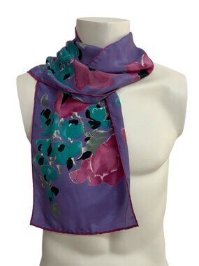 Vera Neumann Floral Silk Feel Scarf 10 x 44 Purple Pink Teal Vintage Style